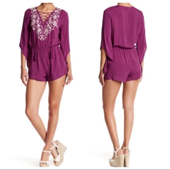 Peach Love California Embroidered Lace-Up Romper - Picture 1 of 7